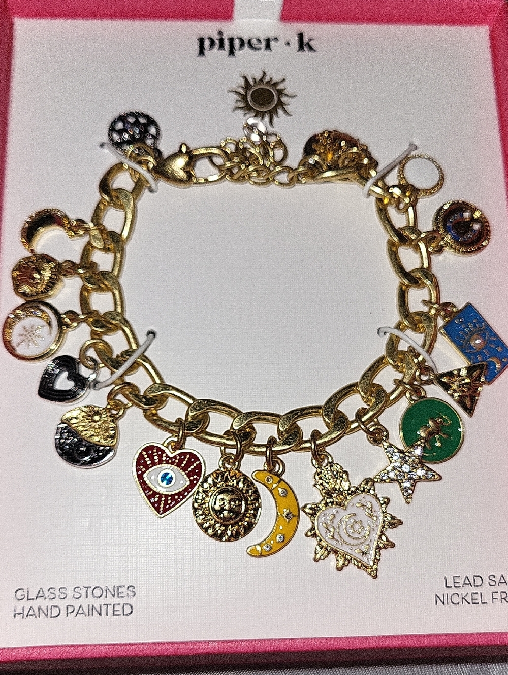 Piper K Gold-Tone Multicolor Enamel & Crystal Charm Bracelet SUN MOON